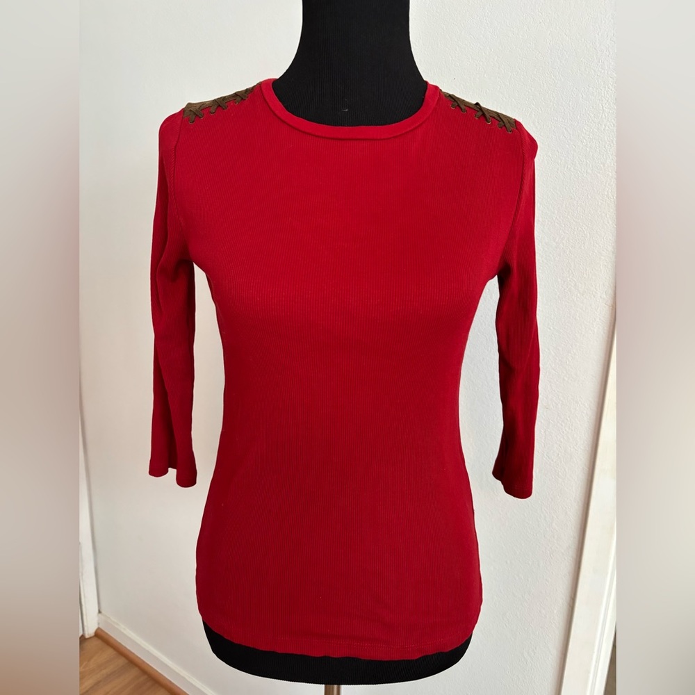 Lauren Ralph Lauren Crimson Long Sleeve Top with Leather Accents